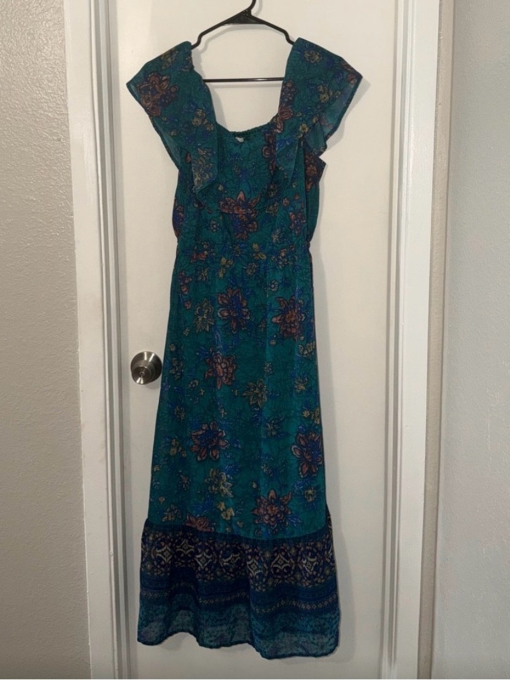 Maurices Teal Floral Maxi Dress with Purple Accents